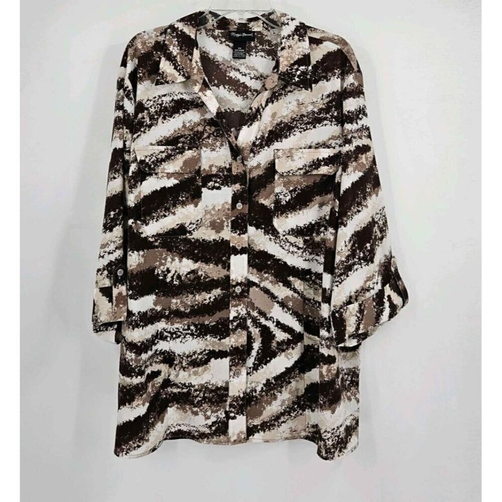 Maggie Barnes Womens 2X Brown White Abstract Art to Wear Blouse Button Top
